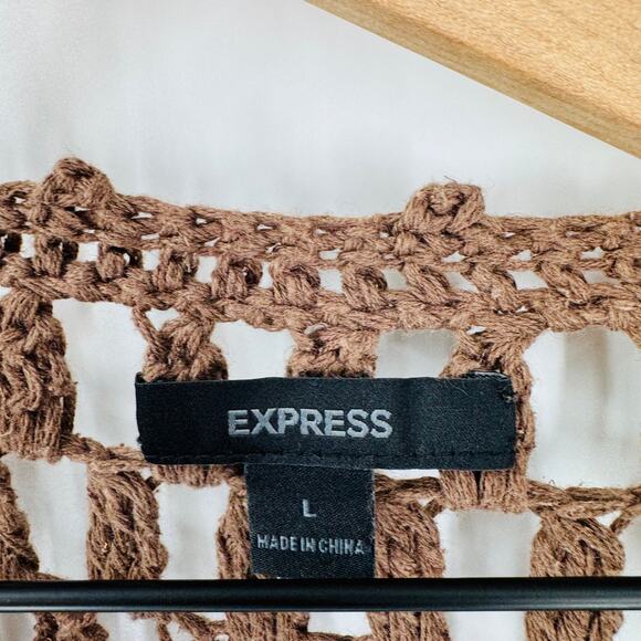 Y2K Express Brown Crochet Open Knit Cardigan Belted Boho Sweater Size L - Picture 3 of 8